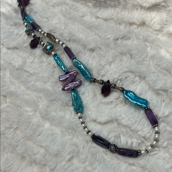 Vintage wrap around single loop Purple and Blue stone Asymmetrical Necklace - Picture 4 of 6
